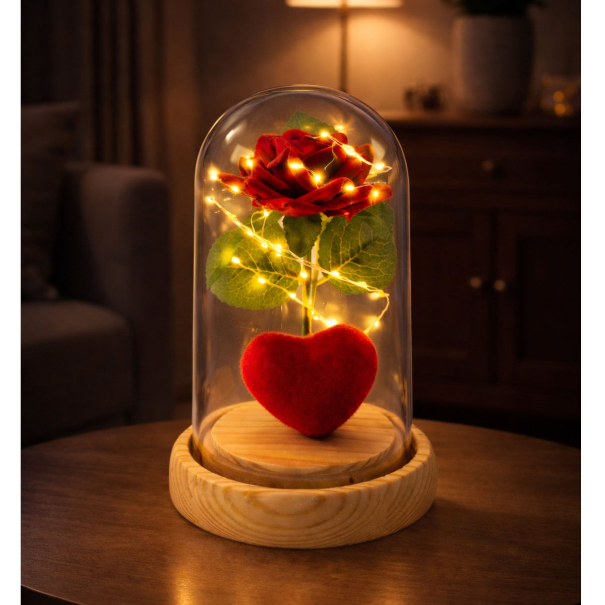 Örök rózsa kupolában Led világítással Piros szívvel 14x8cm