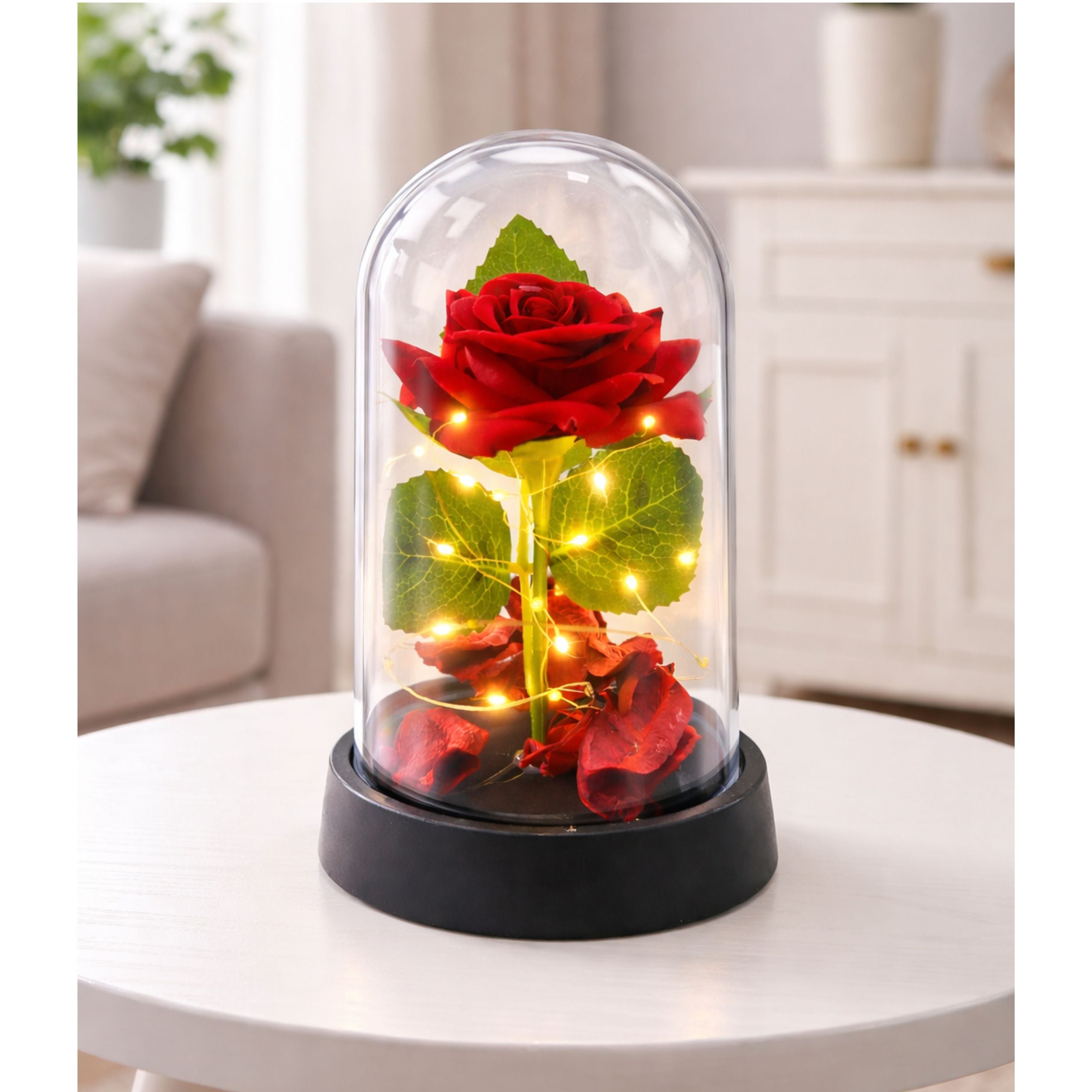 Eternal Rose In Dome With Led Lighting Red With Rose Petals 14x8cm