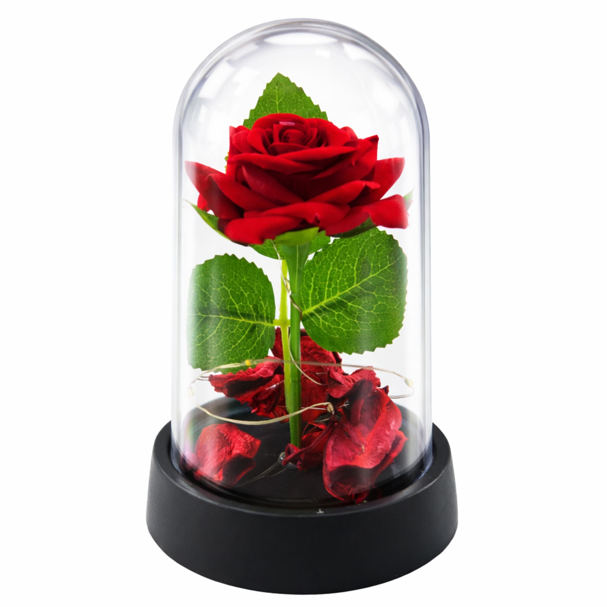 Eternal Rose In Dome With Led Lighting Red With Rose Petals 14x8cm