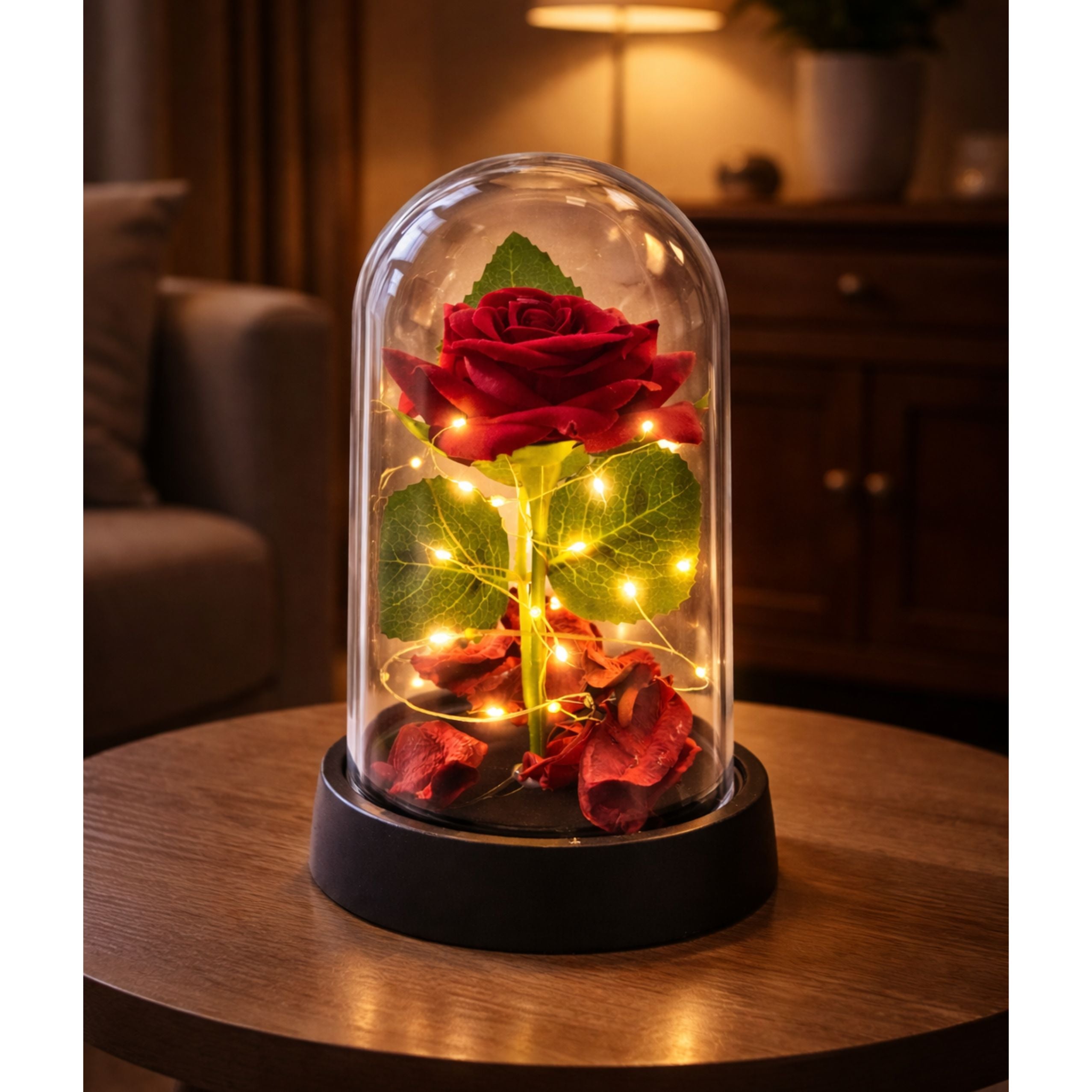 Eternal Rose In Dome With Led Lighting Red With Rose Petals 14x8cm