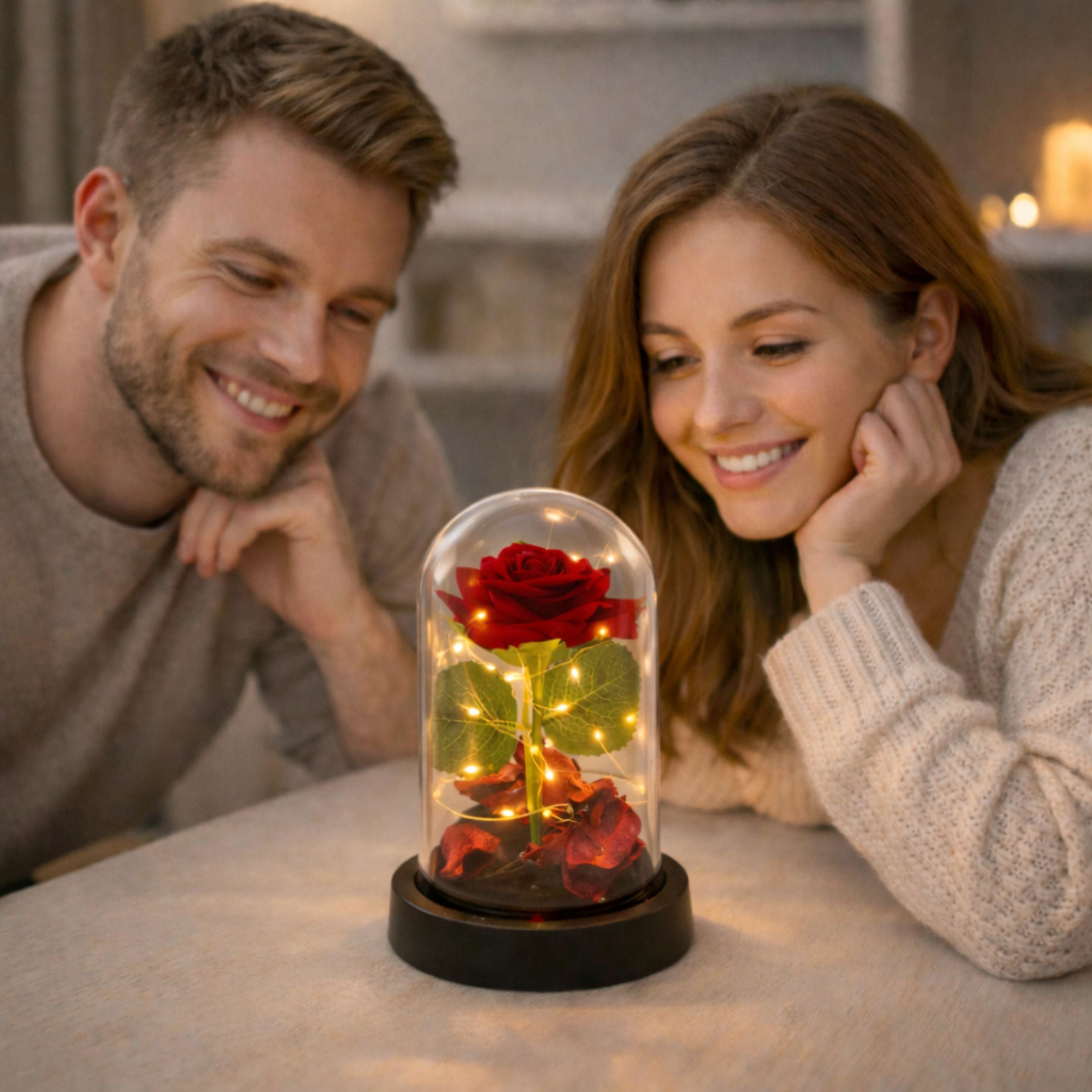 Eternal Rose In Dome With Led Lighting Red With Rose Petals 14x8cm