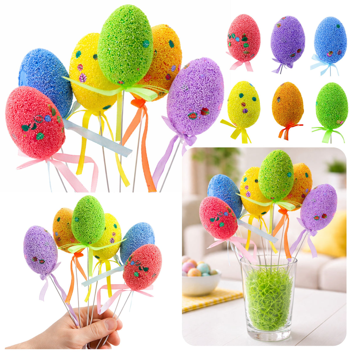 Easter Eggs On Wire Pick Colorful Leaves Ribbon Decoration 6pcs
