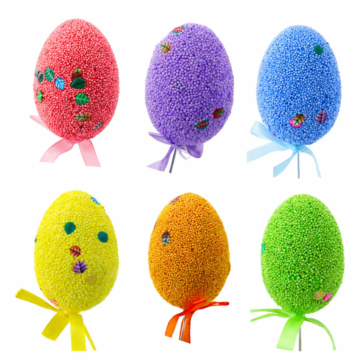 Easter Eggs On Wire Pick Colorful Leaves Ribbon Decoration 6pcs