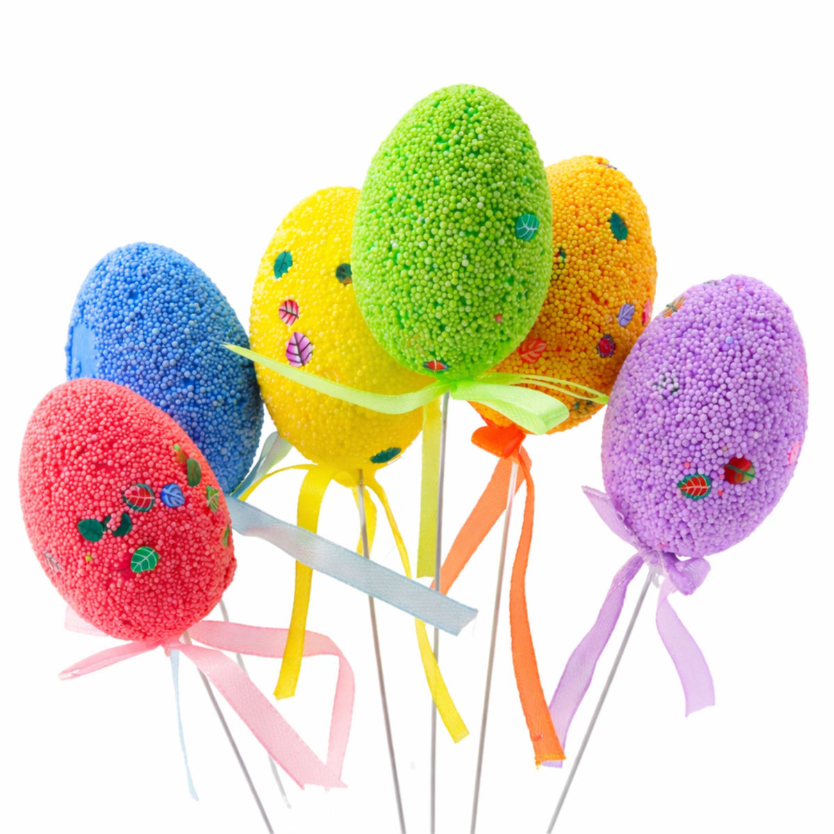 Easter Eggs On Wire Pick Colorful Leaves Ribbon Decoration 6pcs