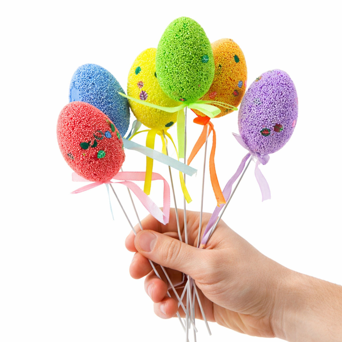 Easter Eggs On Wire Pick Colorful Leaves Ribbon Decoration 6pcs