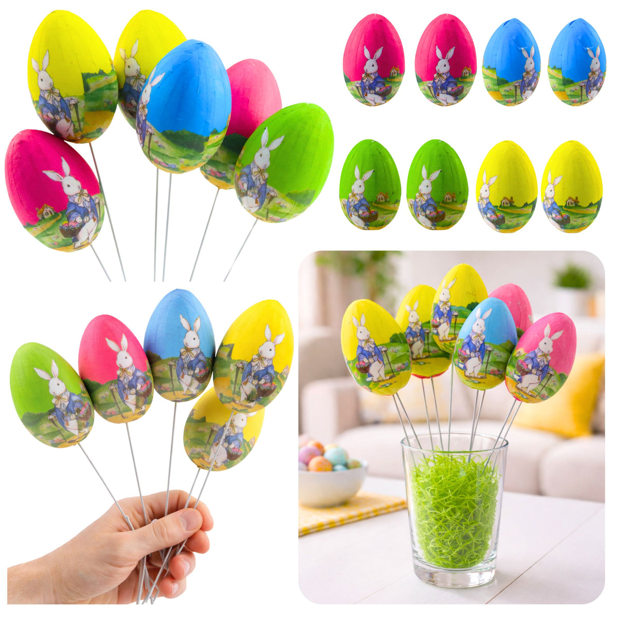 Easter Eggs On A Wire Pick Bunny With A Basket Decoration 6pcs
