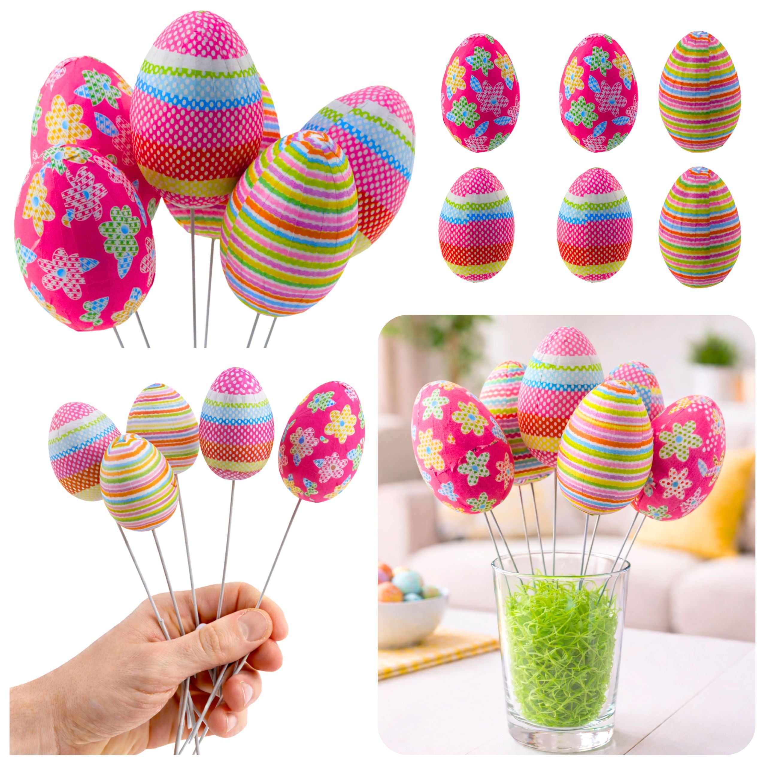Easter Eggs On Wire Pick Dots Flowers Stripes Decoration Colorful 6pcs