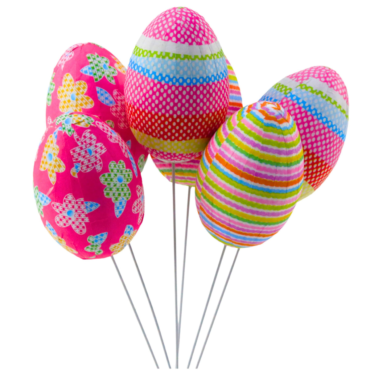 Easter Eggs On Wire Pick Dots Flowers Stripes Decoration Colorful 6pcs