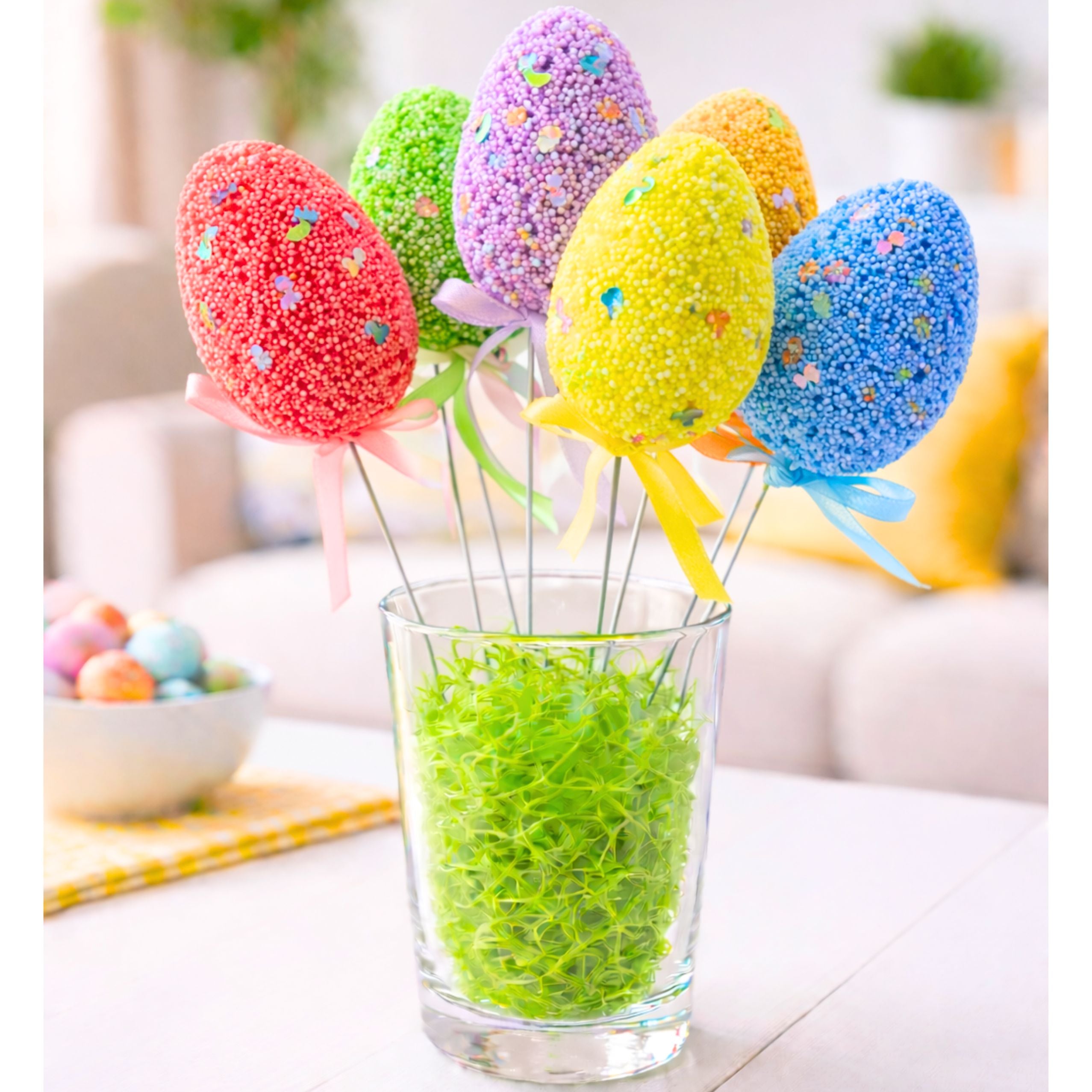 Easter Eggs On Wire Pick Colorful Notes Ribbon Decoration 6pcs