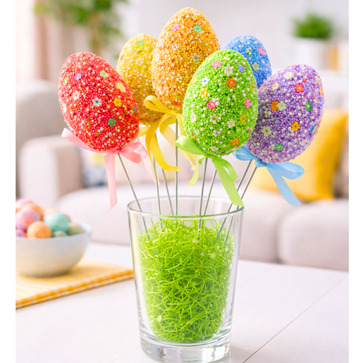 Easter Eggs On A Wire Pick Colorful White Patterns Ribbon Decoration 6pcs