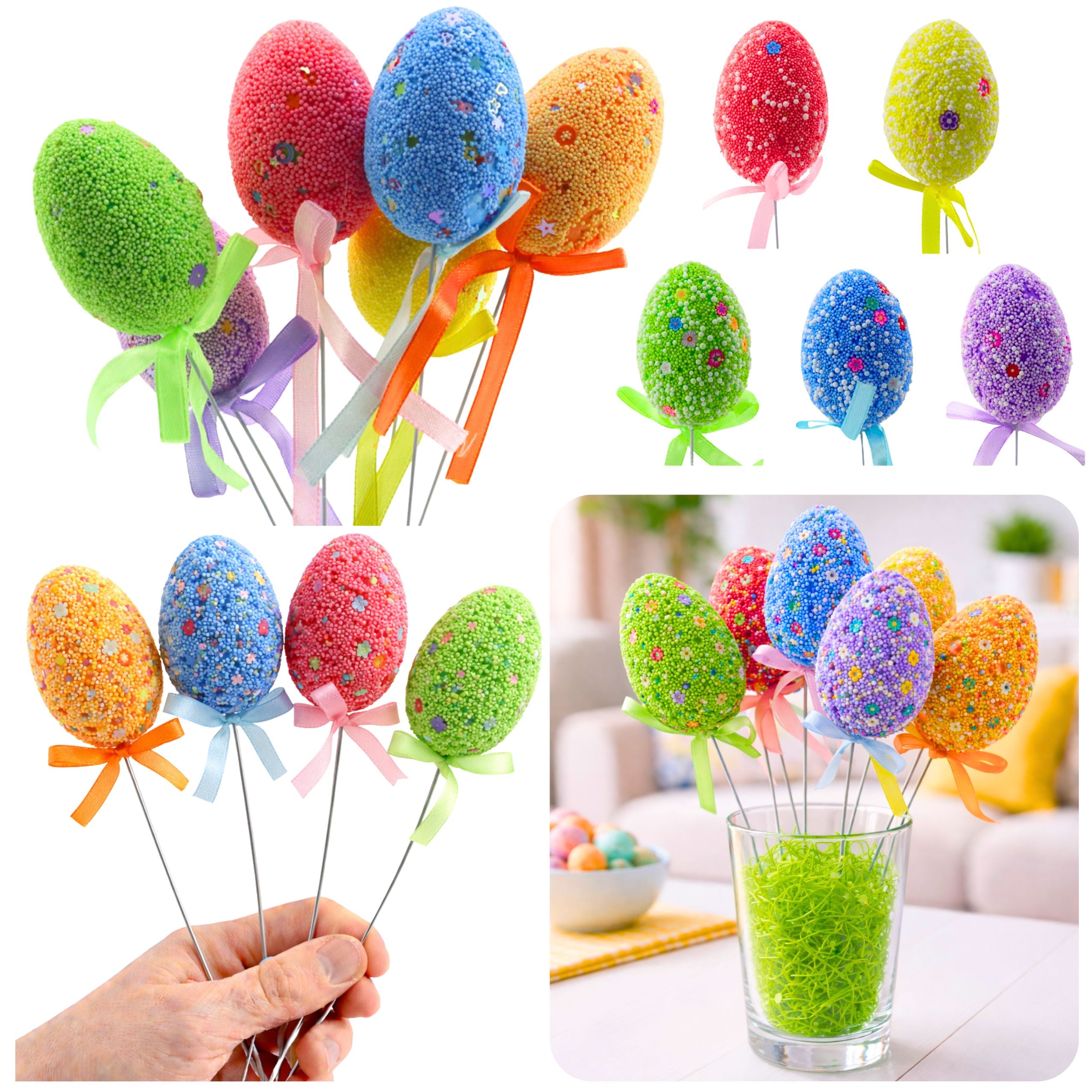 Easter Eggs On Wire Pick Colorful Leaves Ribbon Decoration 5pcs