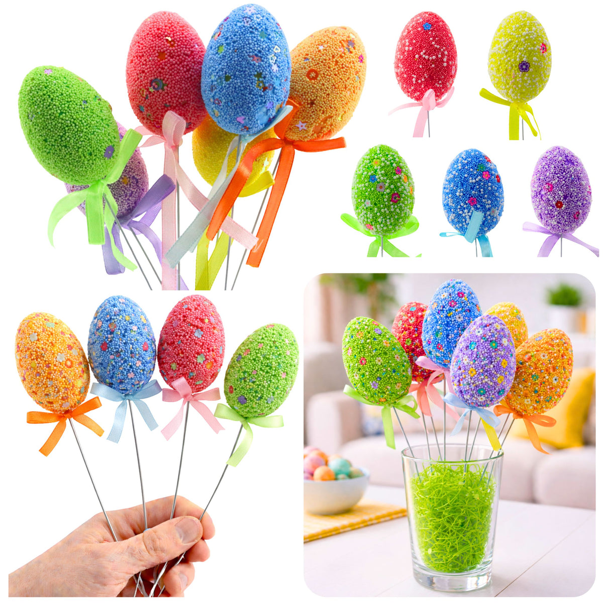 Easter Eggs On Wire Pick Colorful Leaves Ribbon Decoration 5pcs