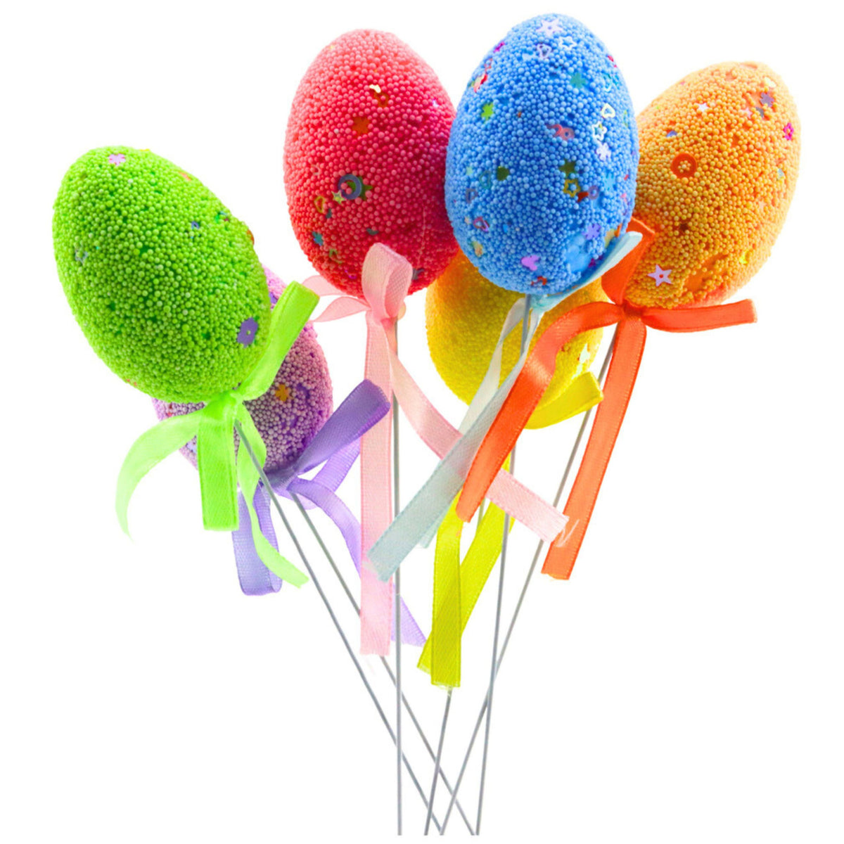Easter Eggs On Wire Pick Colorful Leaves Ribbon Decoration 5pcs