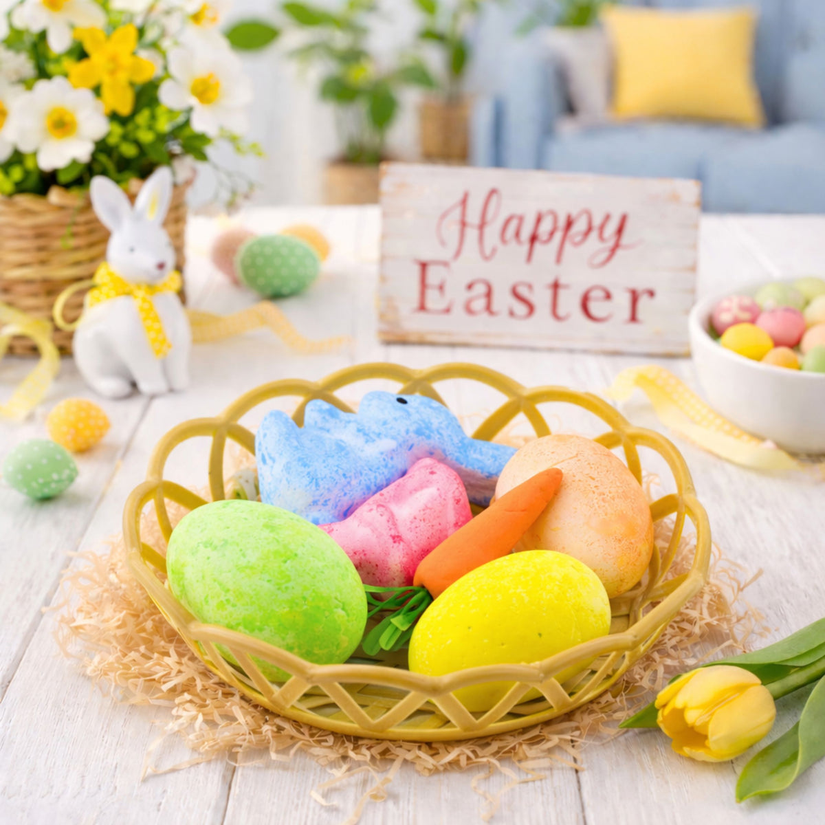 Easter Decorations In Basket Bunnies Eggs Carrot 6pcs