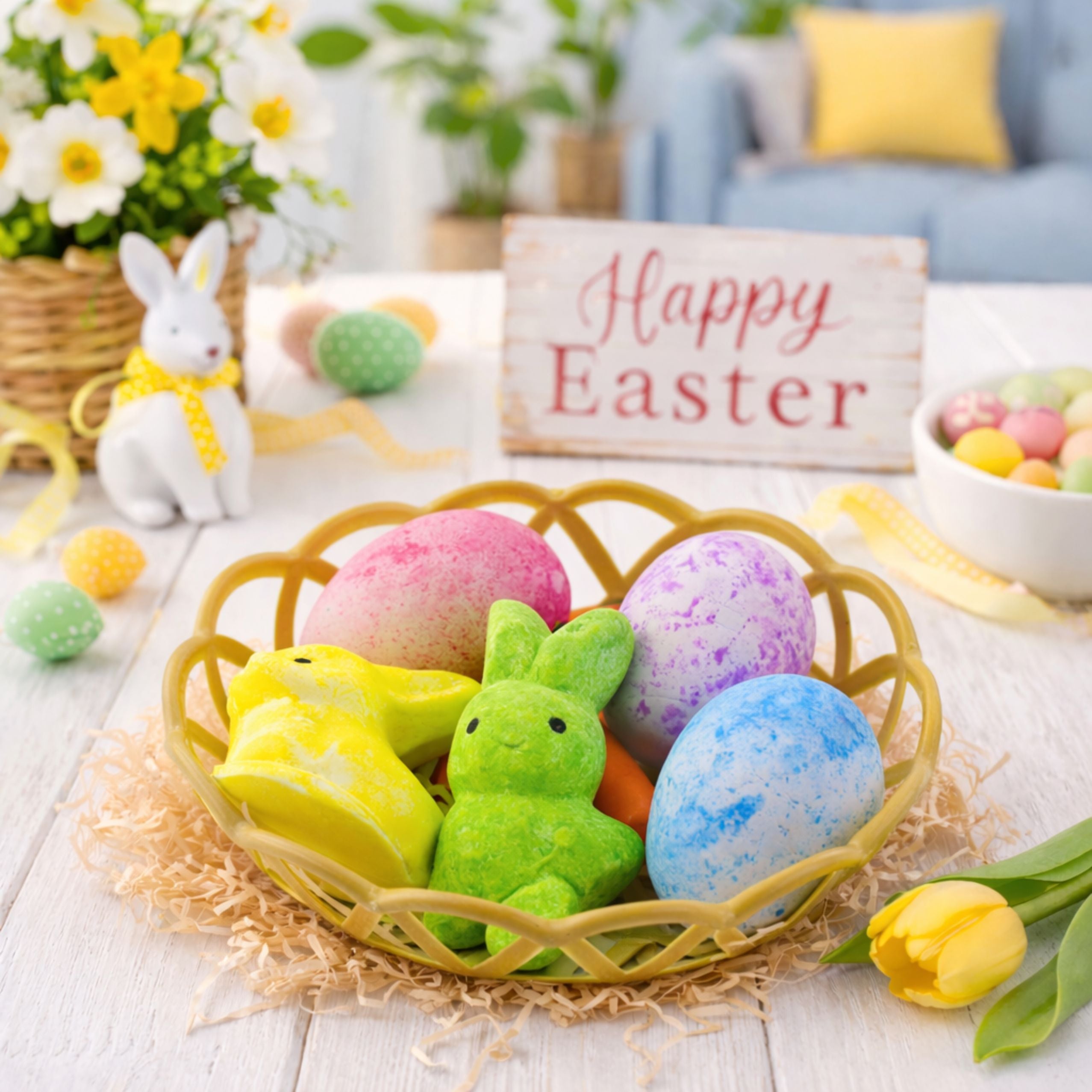 Easter Decorations In Basket Bunnies Eggs Carrot 6pcs