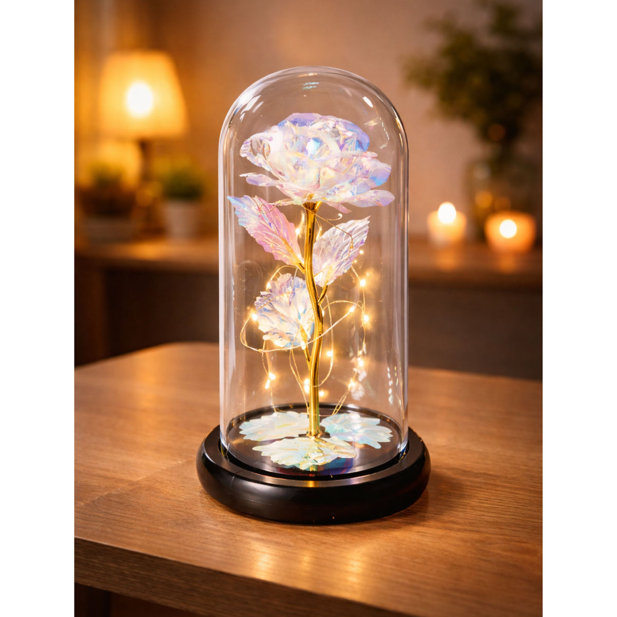 Eternal Rose In A Glass Crystal Dome Colorful Led Lighting 21x11cm
