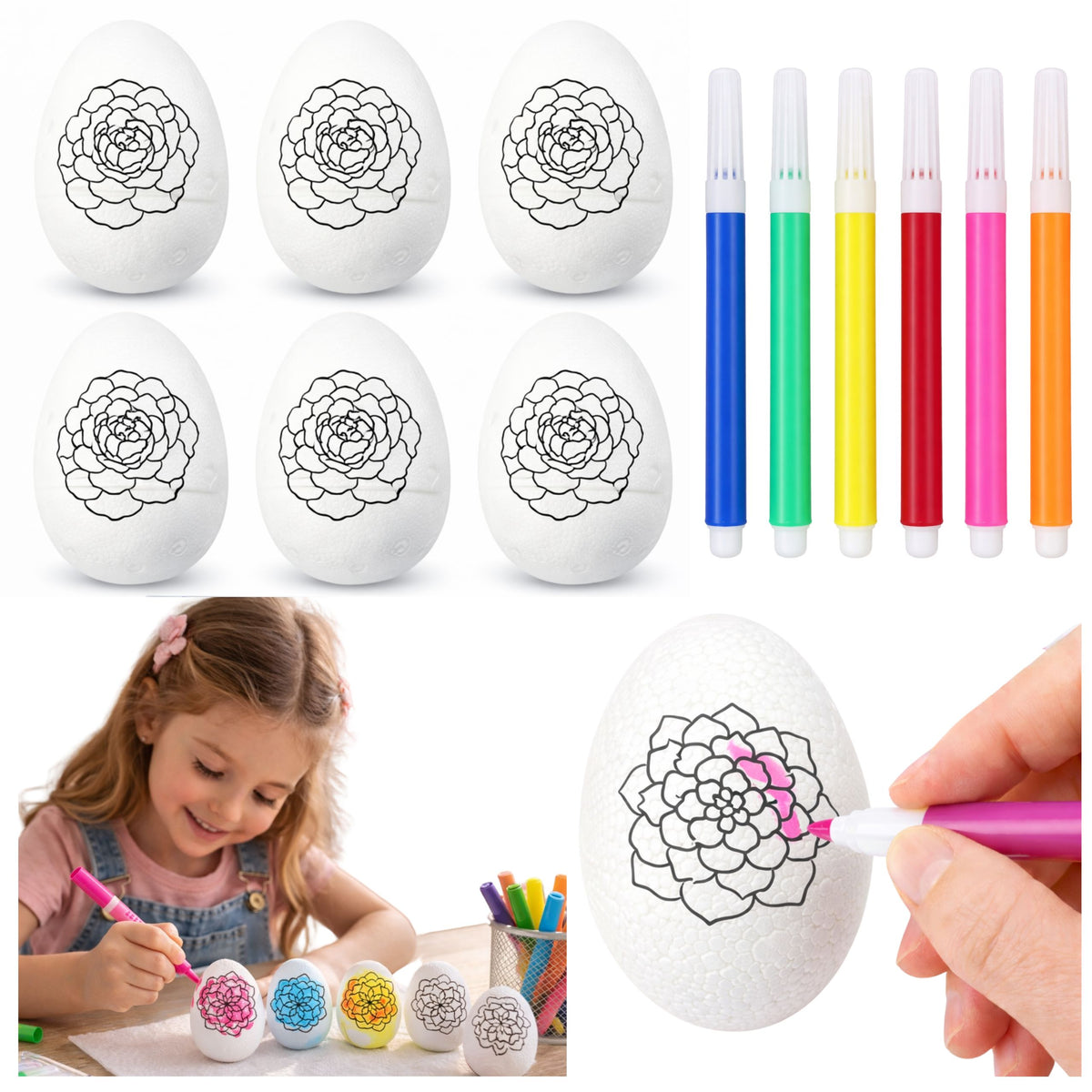 Easter Styrofoam Eggs For Painting Markers Flower Pattern B 6pcs