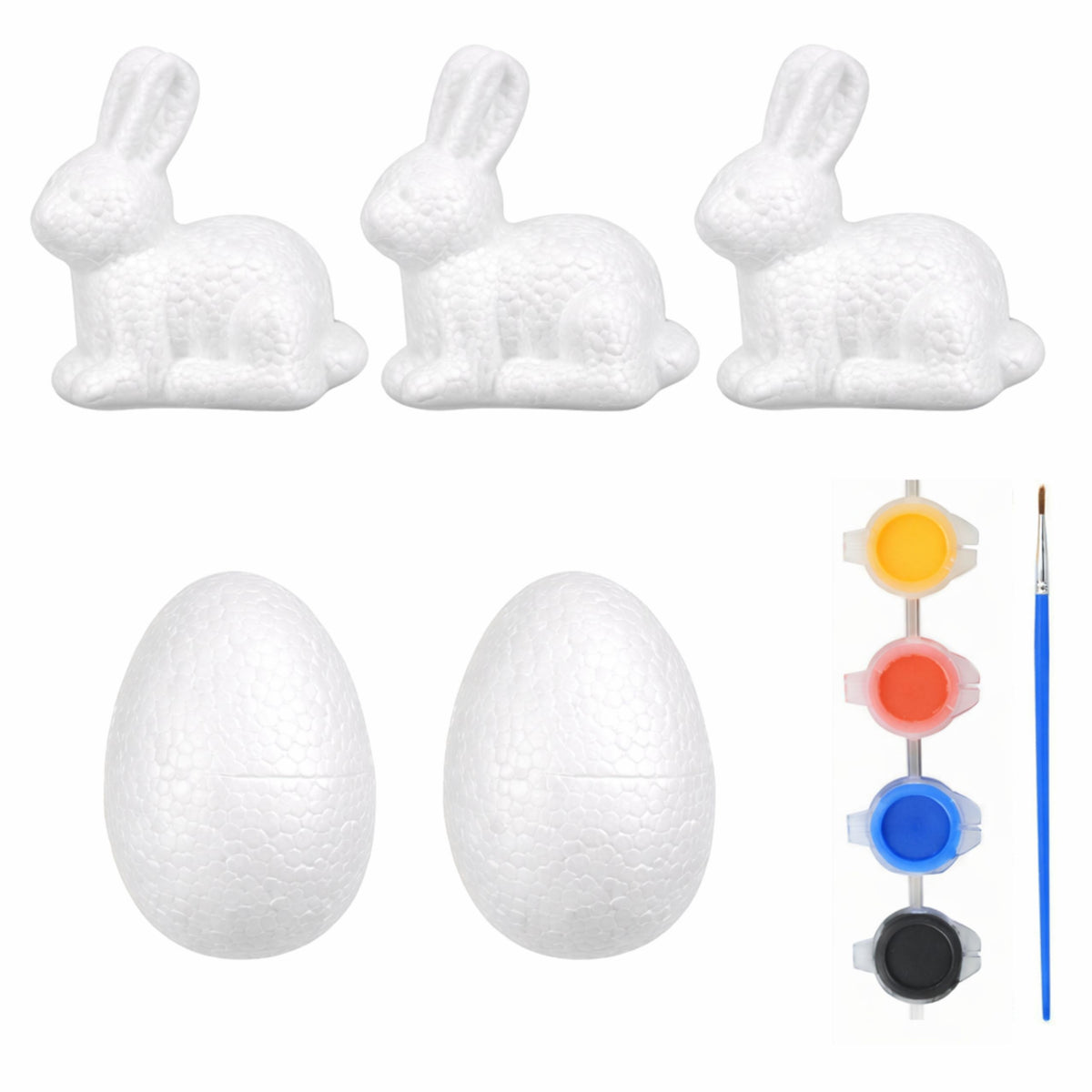 Set For Painting Styrofoam Decorations 3 Bunnies 2 Eggs Paints