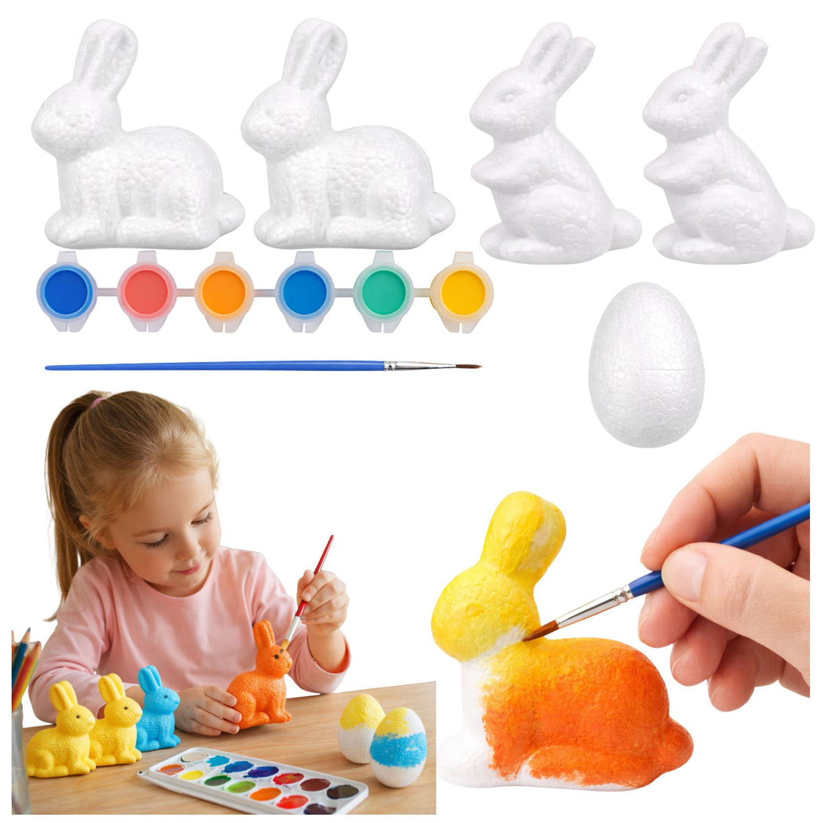 Set For Painting Styrofoam Decorations 4 Bunnies 2 Eggs Paints
