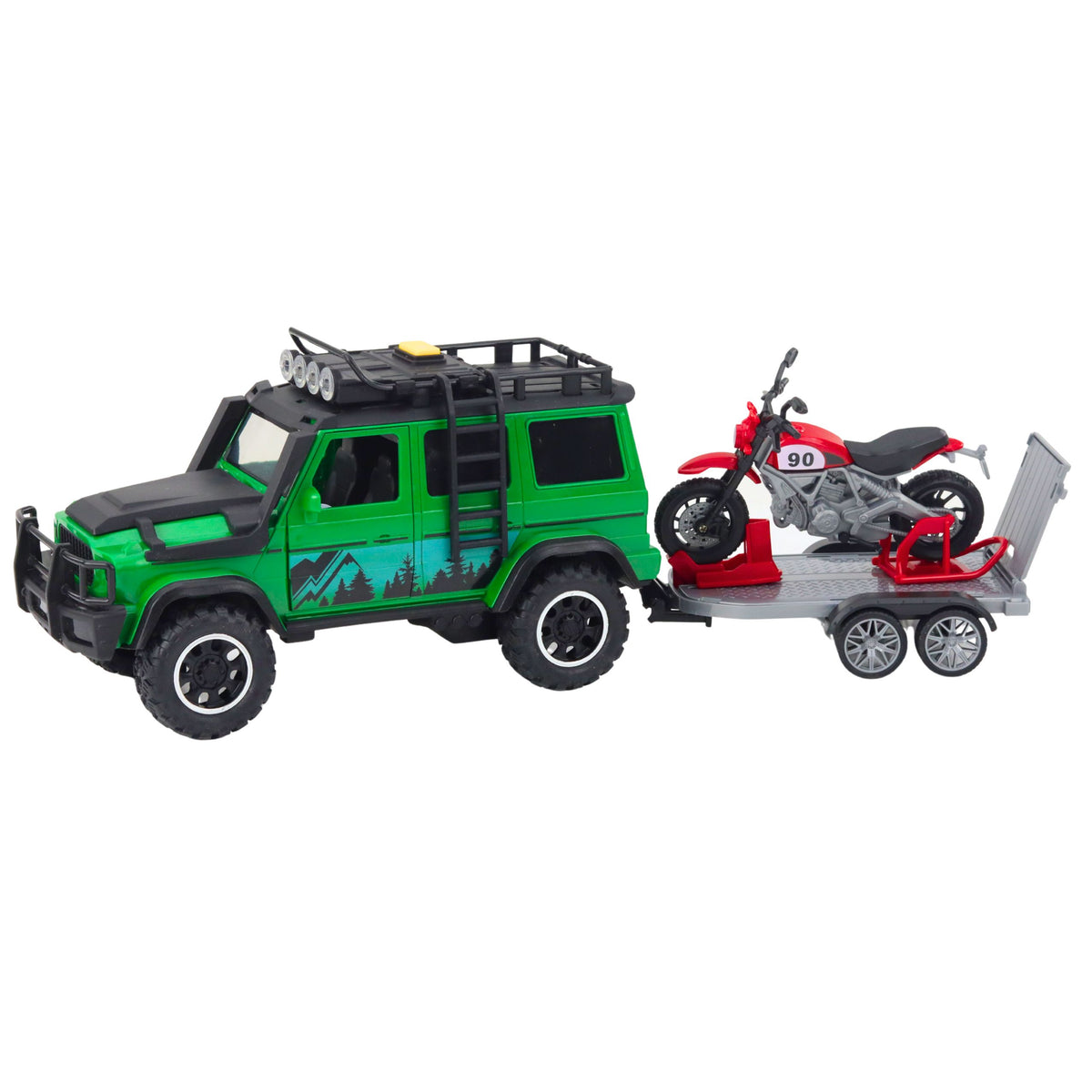 Off-road Vehicle Set With Tow Truck And Motorcycle Lights And Sounds Green