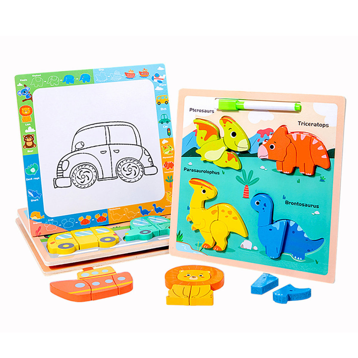 Puzzle Board 2in1 Wooden Educational Dinosaurs Marker