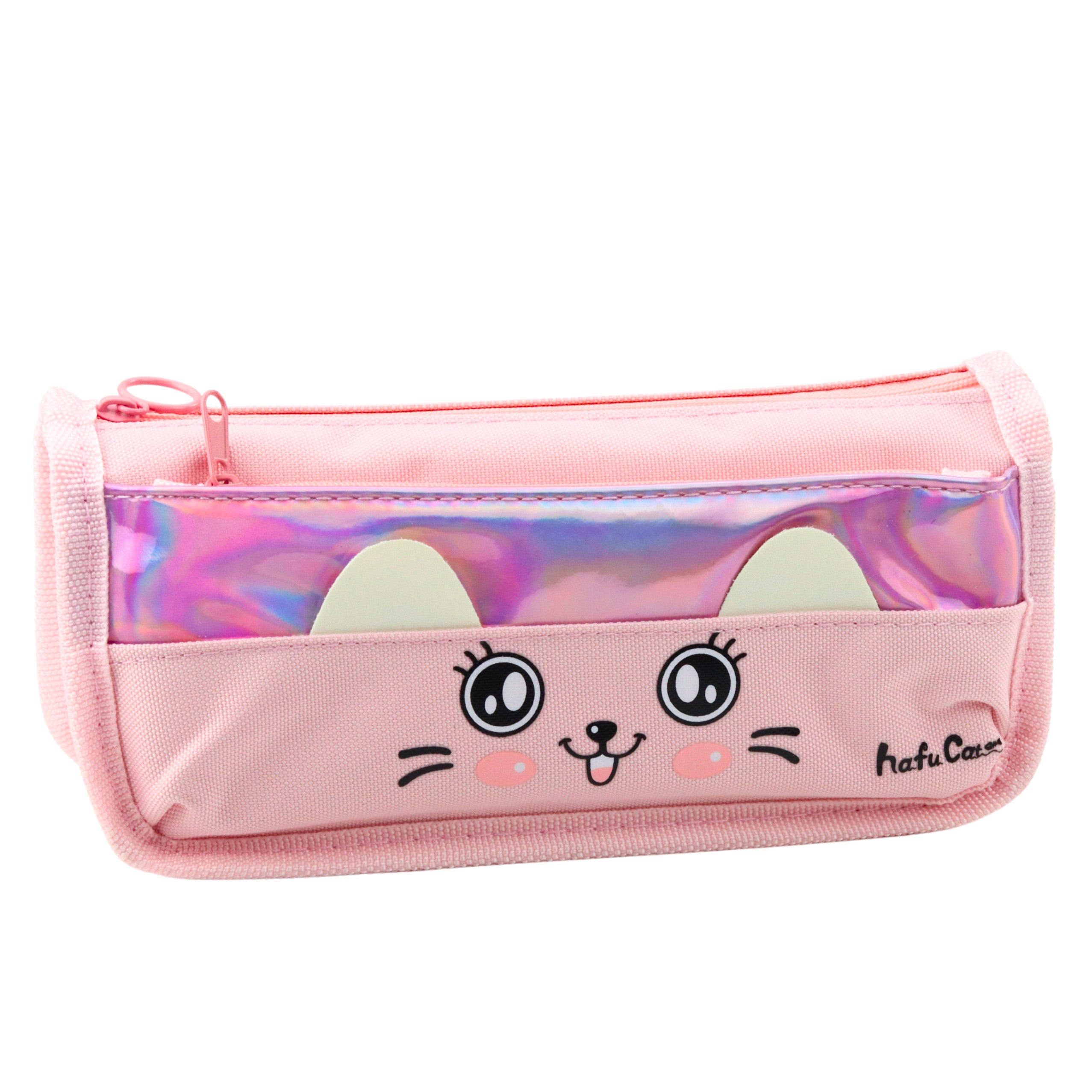 School Pencil Case With Cat Two Pockets Pink 21.5cm