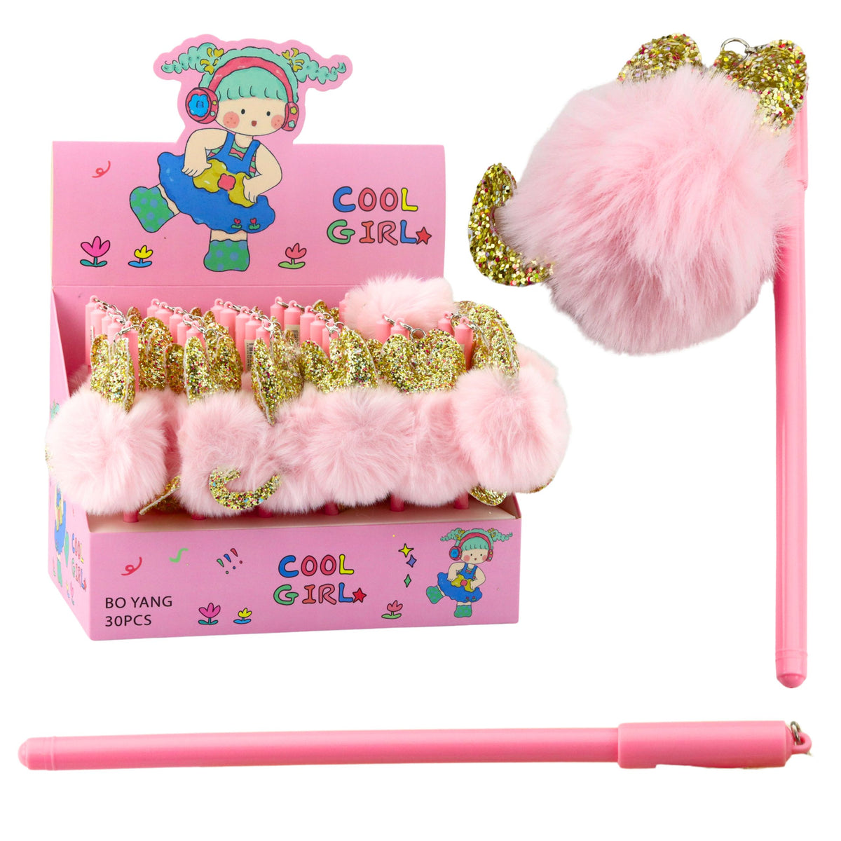 Gel Pen With Pink Pompom Cap And Blue Ink 17cm 0.5mm