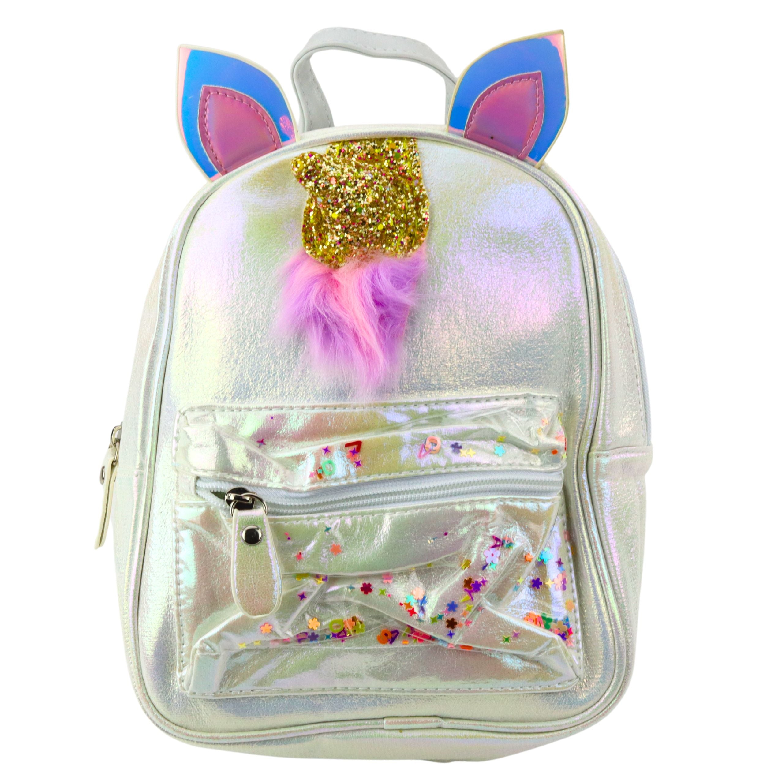 Mochila infantil com chifre de unicórnio movendo confete pérola 25cm 4,5l