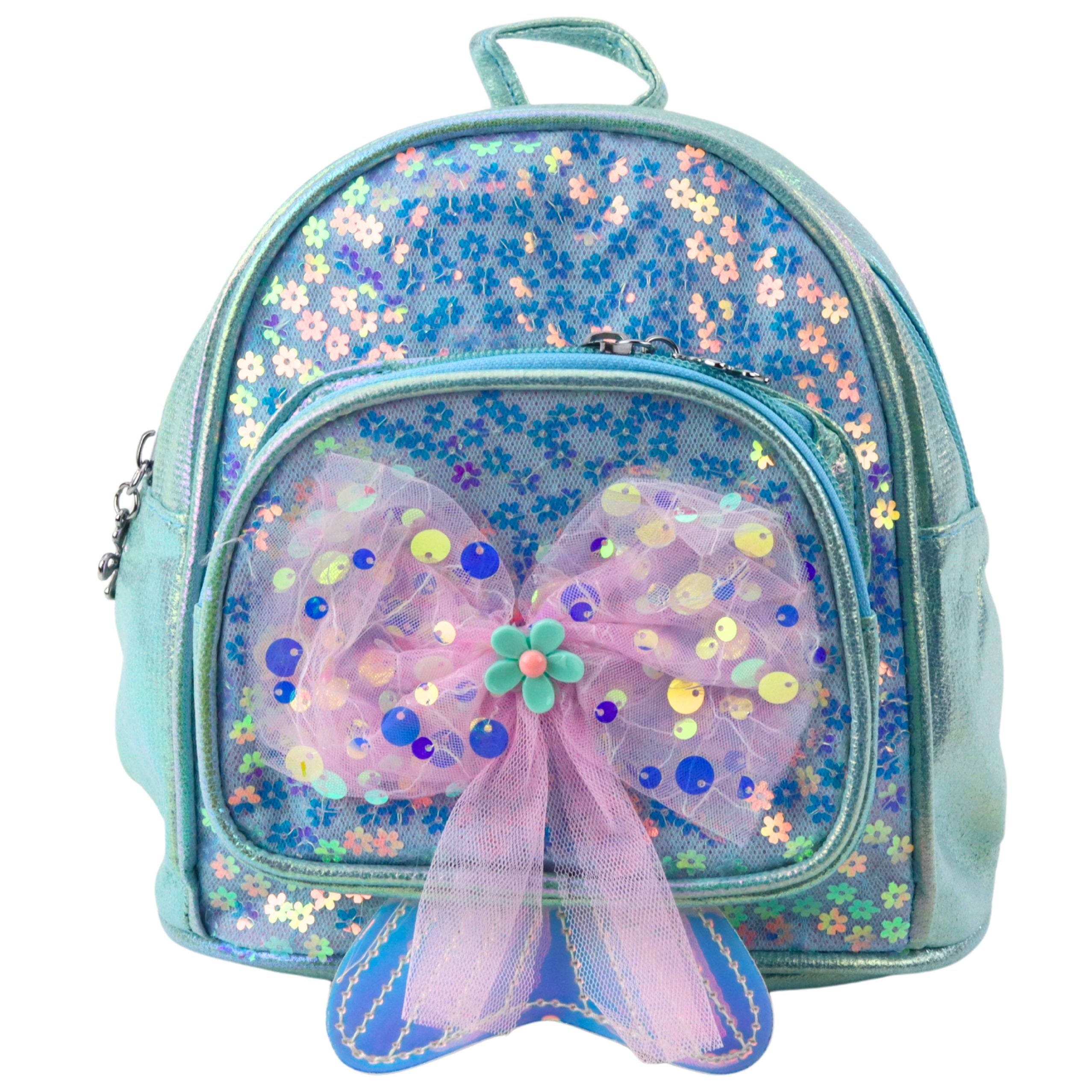 Mochila Infantil Lantejoulas Tule Laço Azul 20cm 3,8l