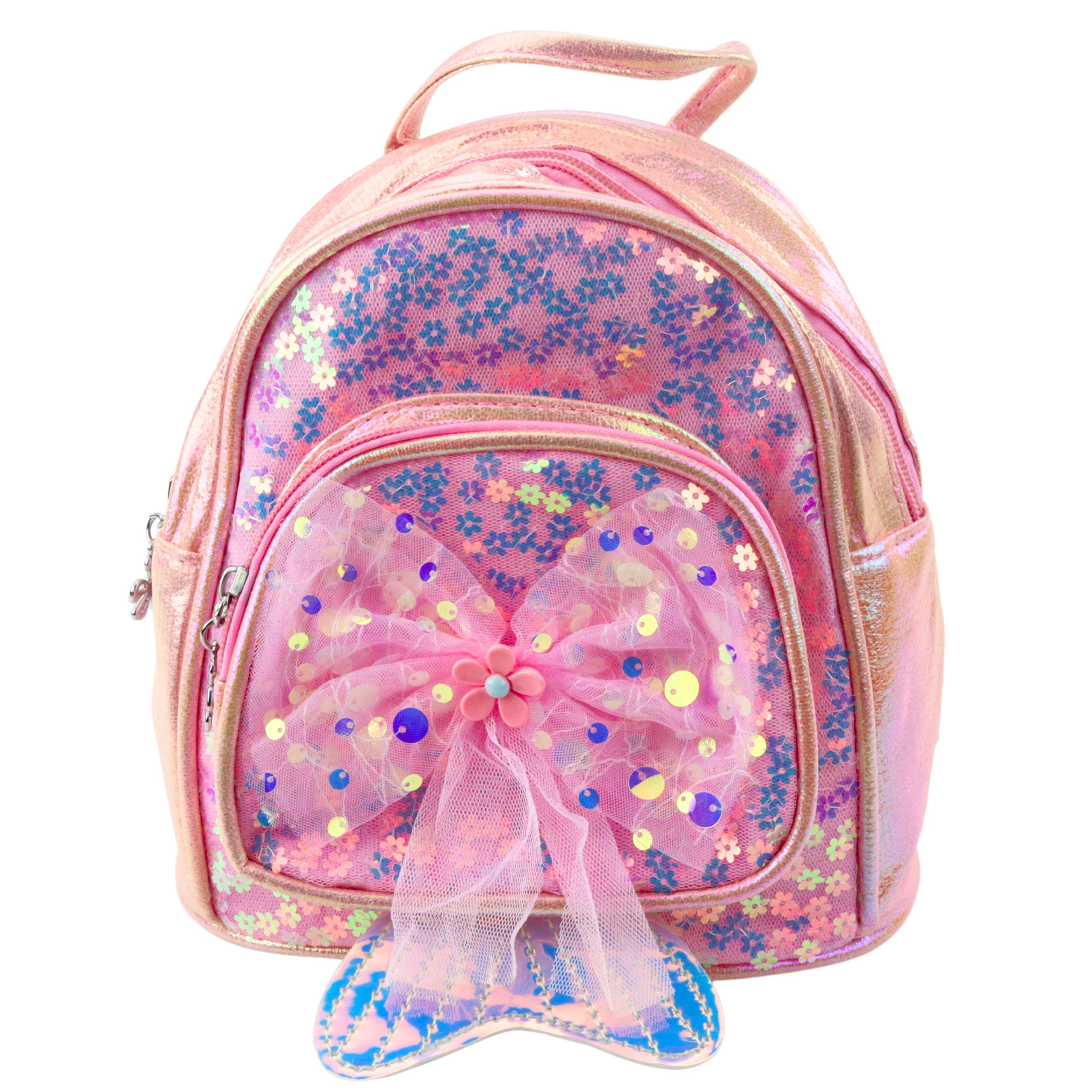 Mochila Infantil Lantejoulas Tule Laço Rosa 20cm 3,8l