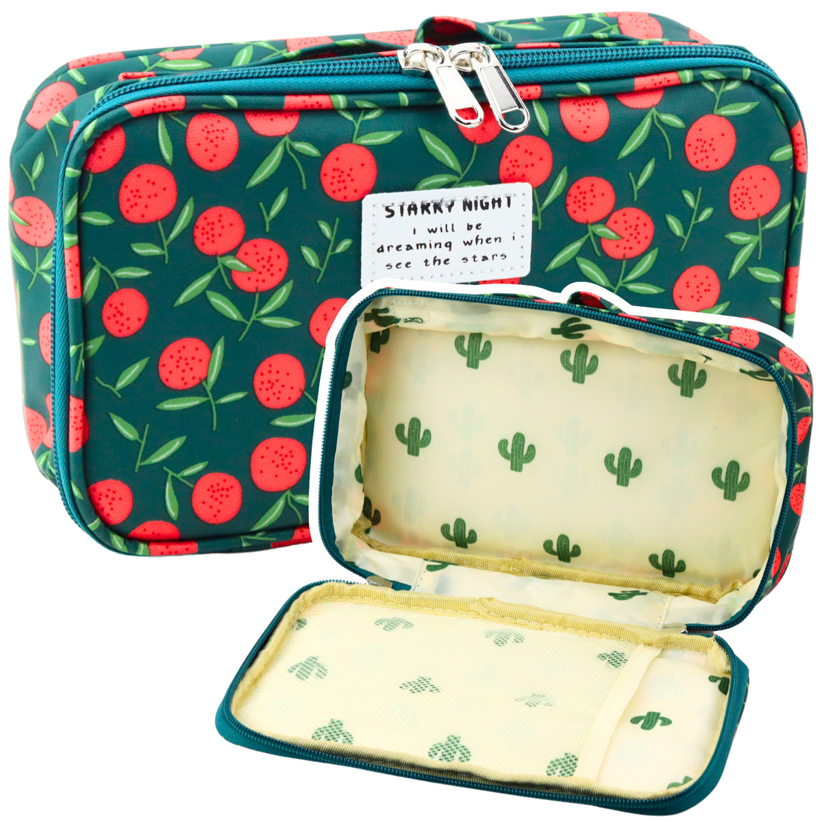 Estuche para lápices Organizador escolar Neceser de cosméticos Bolsillo Cerezas Verde 22,5 cm
