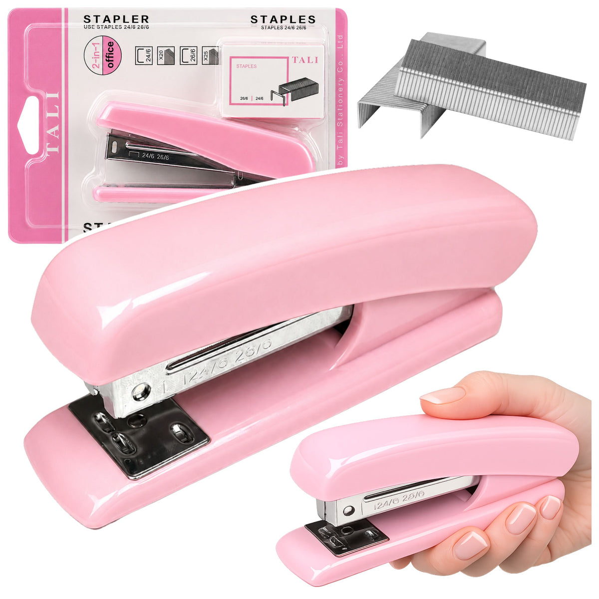 Grapadora De Oficina Metálica Hasta 25 Hojas Grapas 24/6 26/6 Rosa
