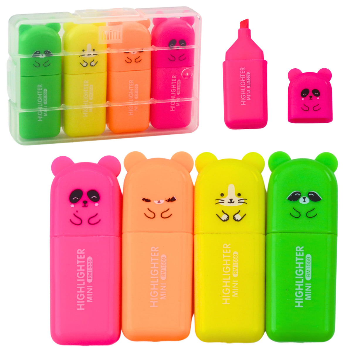 Mini Highlighter Set Bears Colorful Plastic Case 5pcs