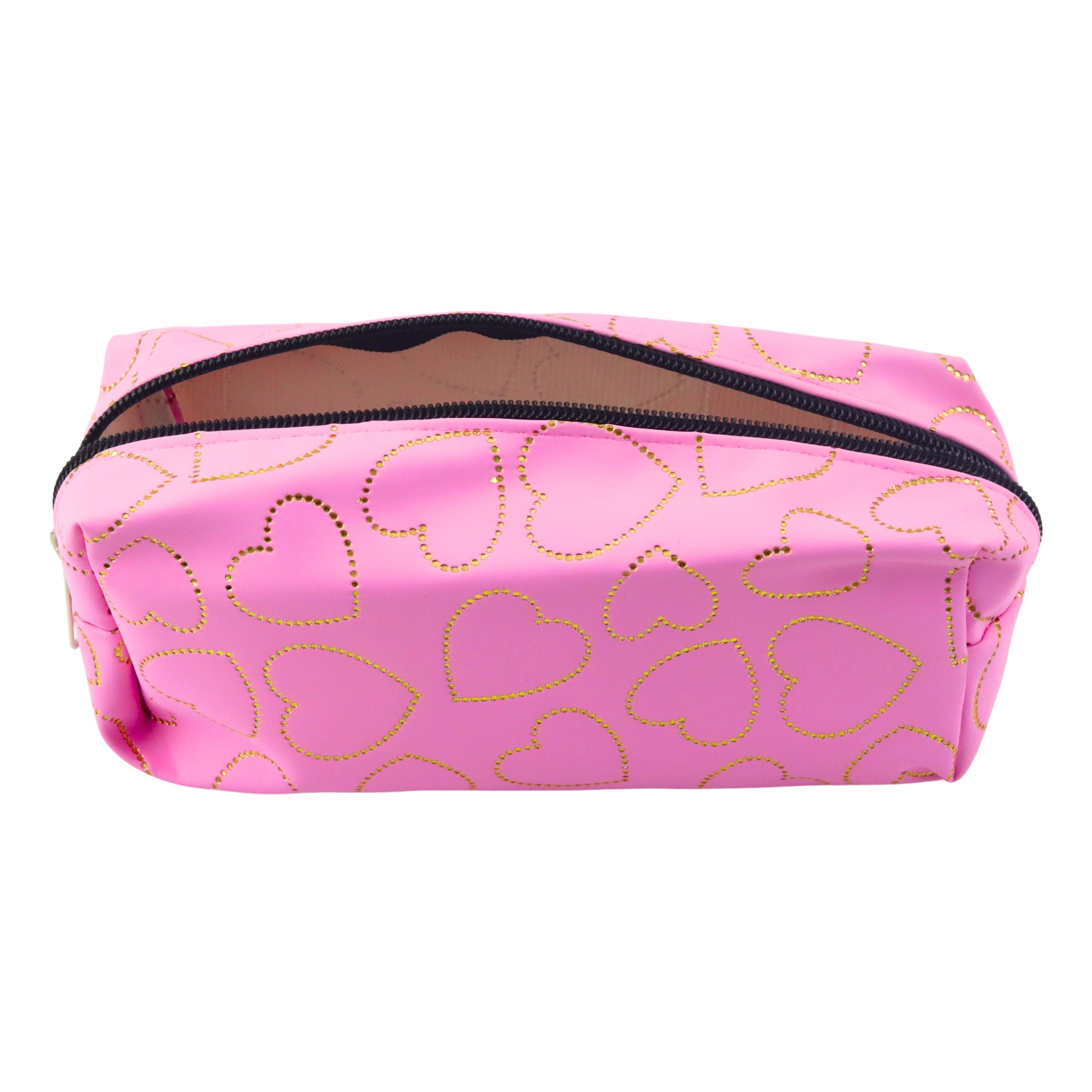 School Office Pencil Case Single Compartment Golden Hearts Pink 20x8 Cm