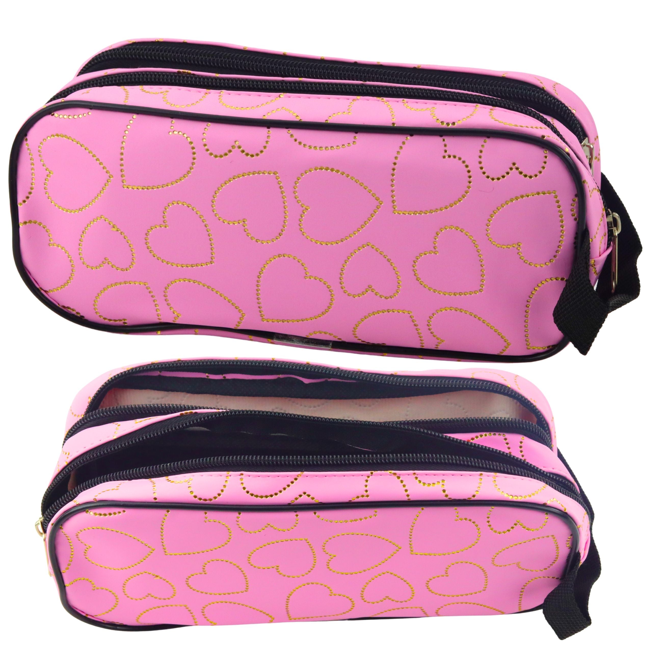 School Office Pencil Case With Two Compartments Golden Hearts Pink 23.5x10 Cm