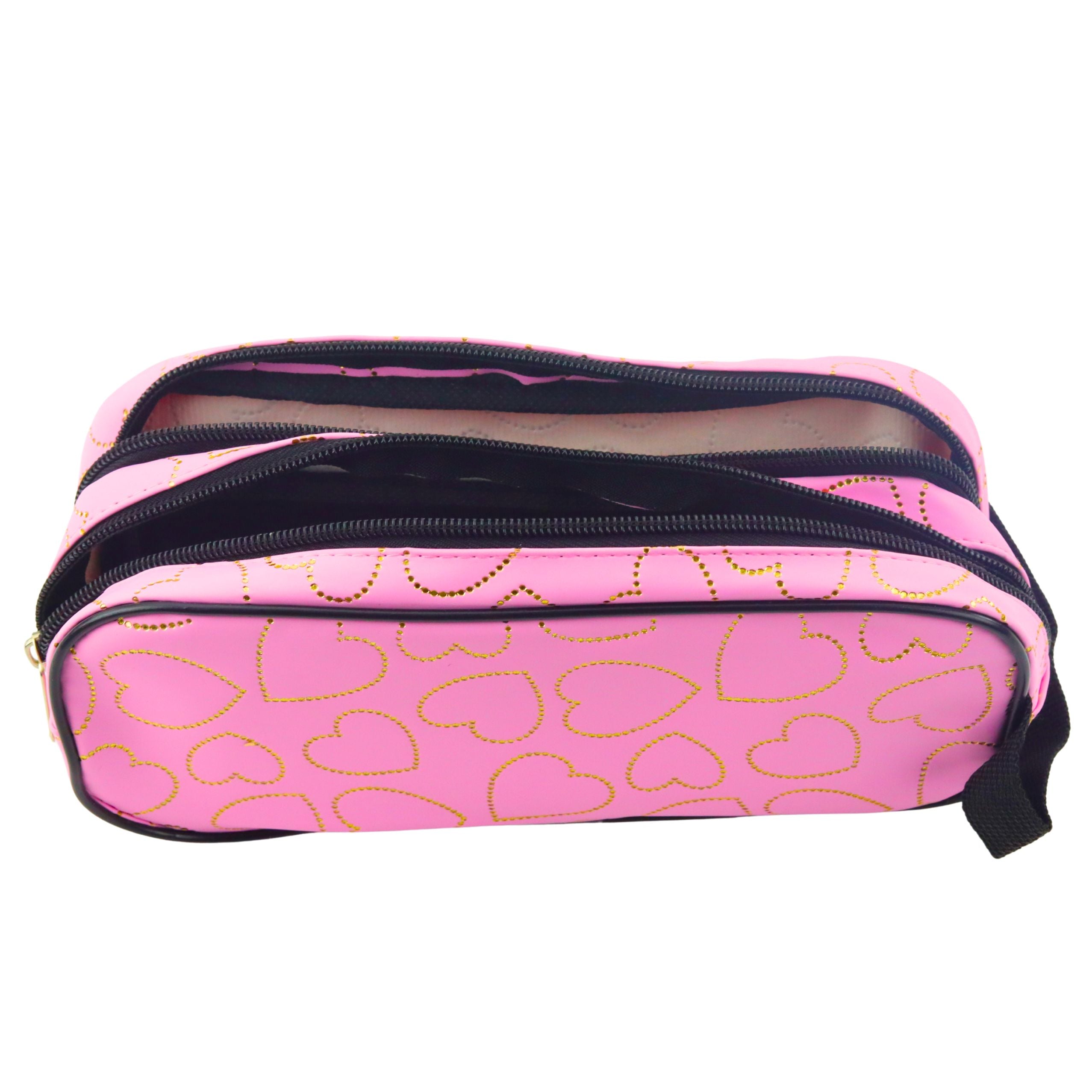 School Office Pencil Case With Two Compartments Golden Hearts Pink 23.5x10 Cm