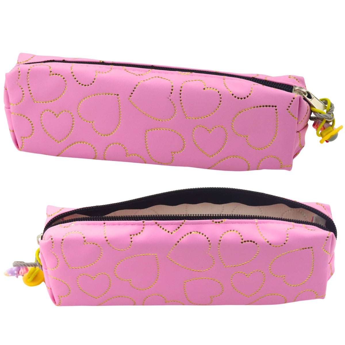 School Office Pencil Case Single Compartment Golden Hearts Pink 20x6.5 Cm