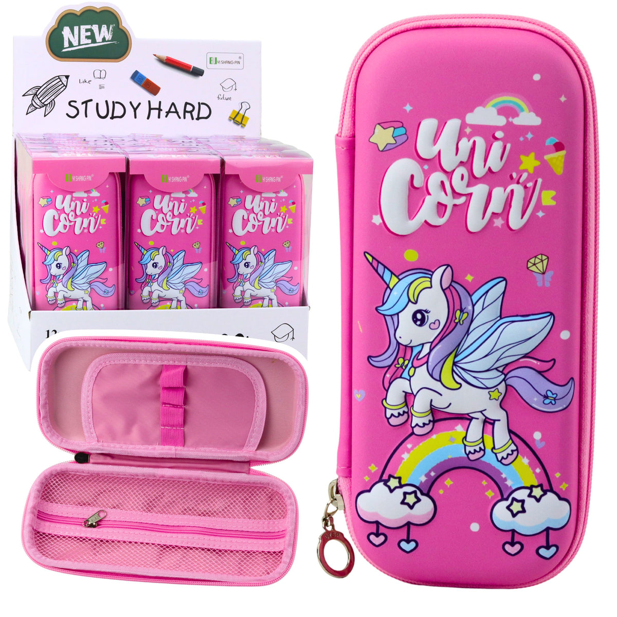 Pink Unicorn Stiffened School Pencil Case 22.5x10 Cm