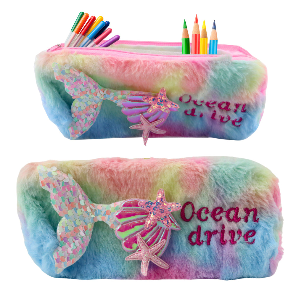 Plush Pencil Case With Mermaid Tail Sequins Pastel Colors