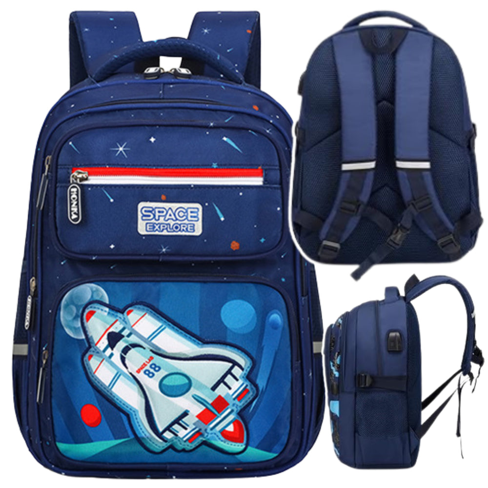 Children's School Backpack Chest Strap Navy Blue Rocket Space 20l 41cm
