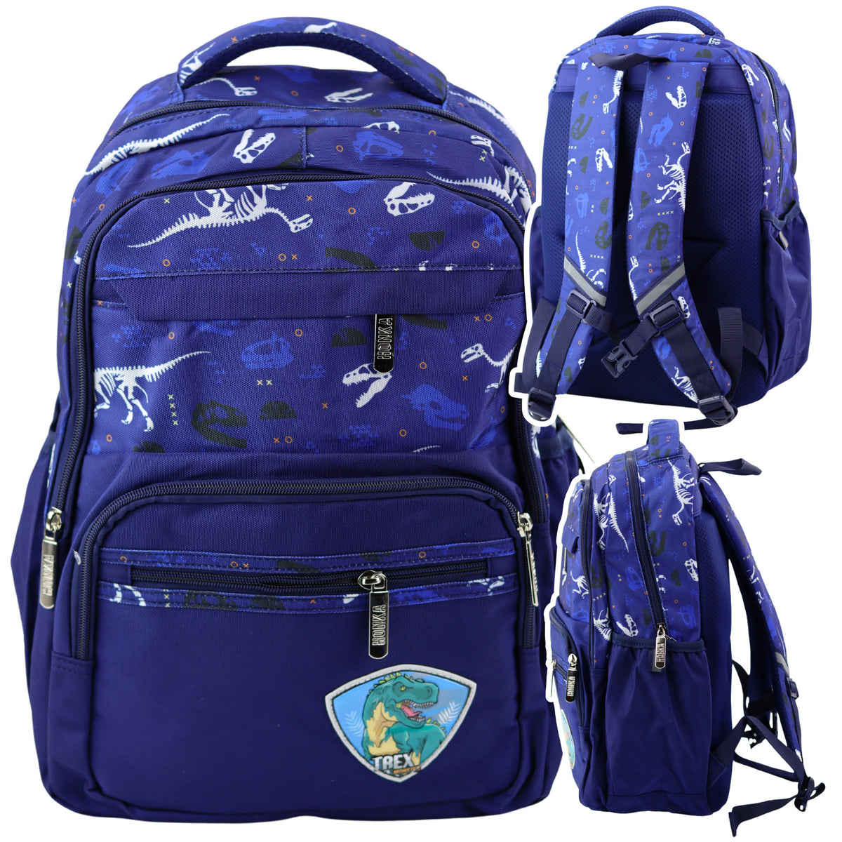 School Backpack Dinosaurs Patch T-rex Chest Strap Navy Blue 20l