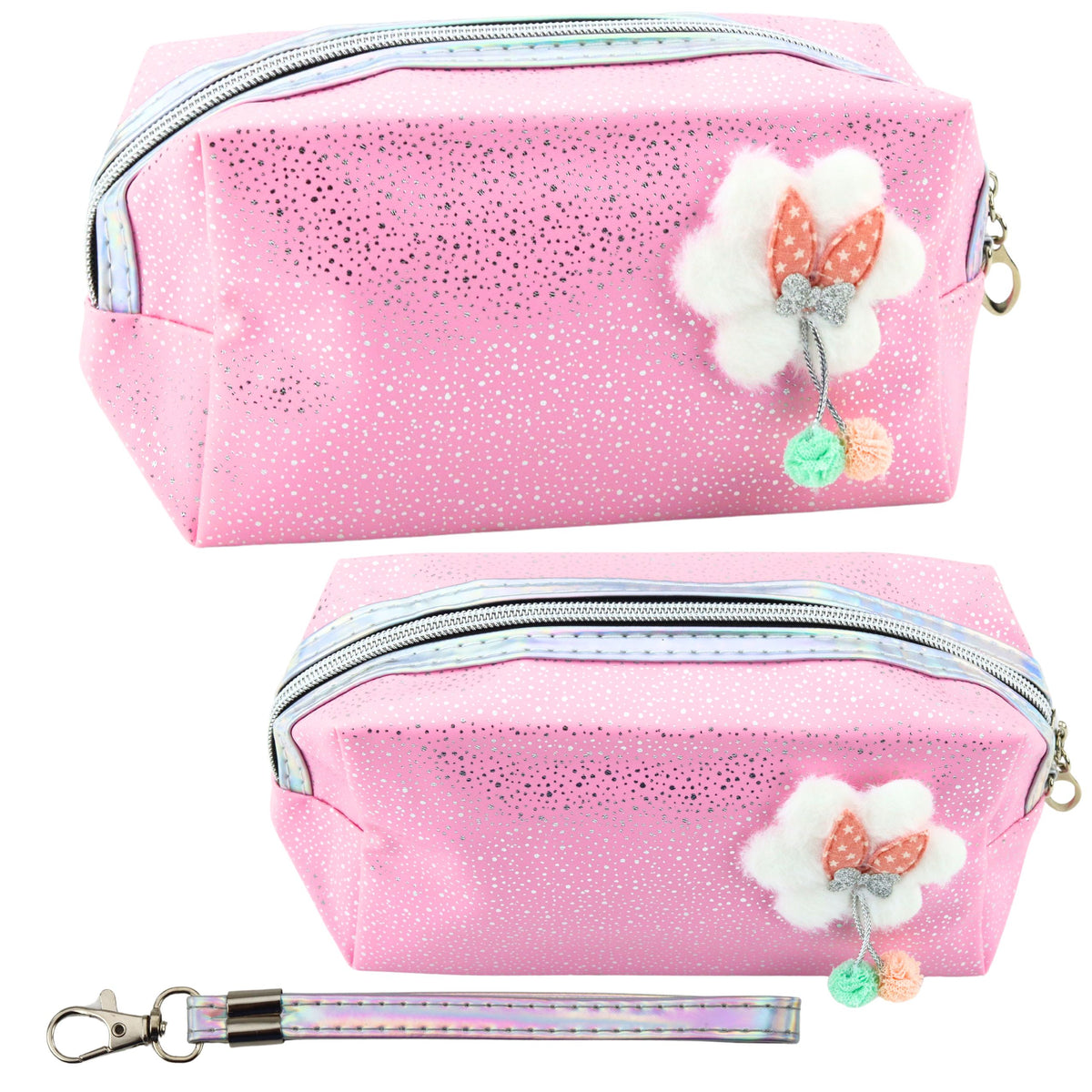 Pencil Case Cosmetic Bag Bow Shimmering Particles Pink