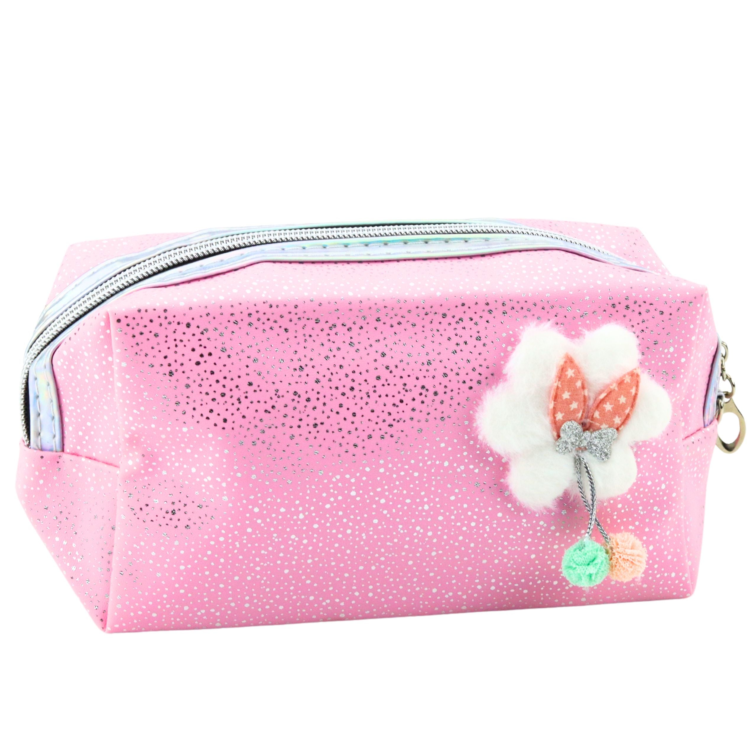 Pencil Case Cosmetic Bag Bow Shimmering Particles Pink