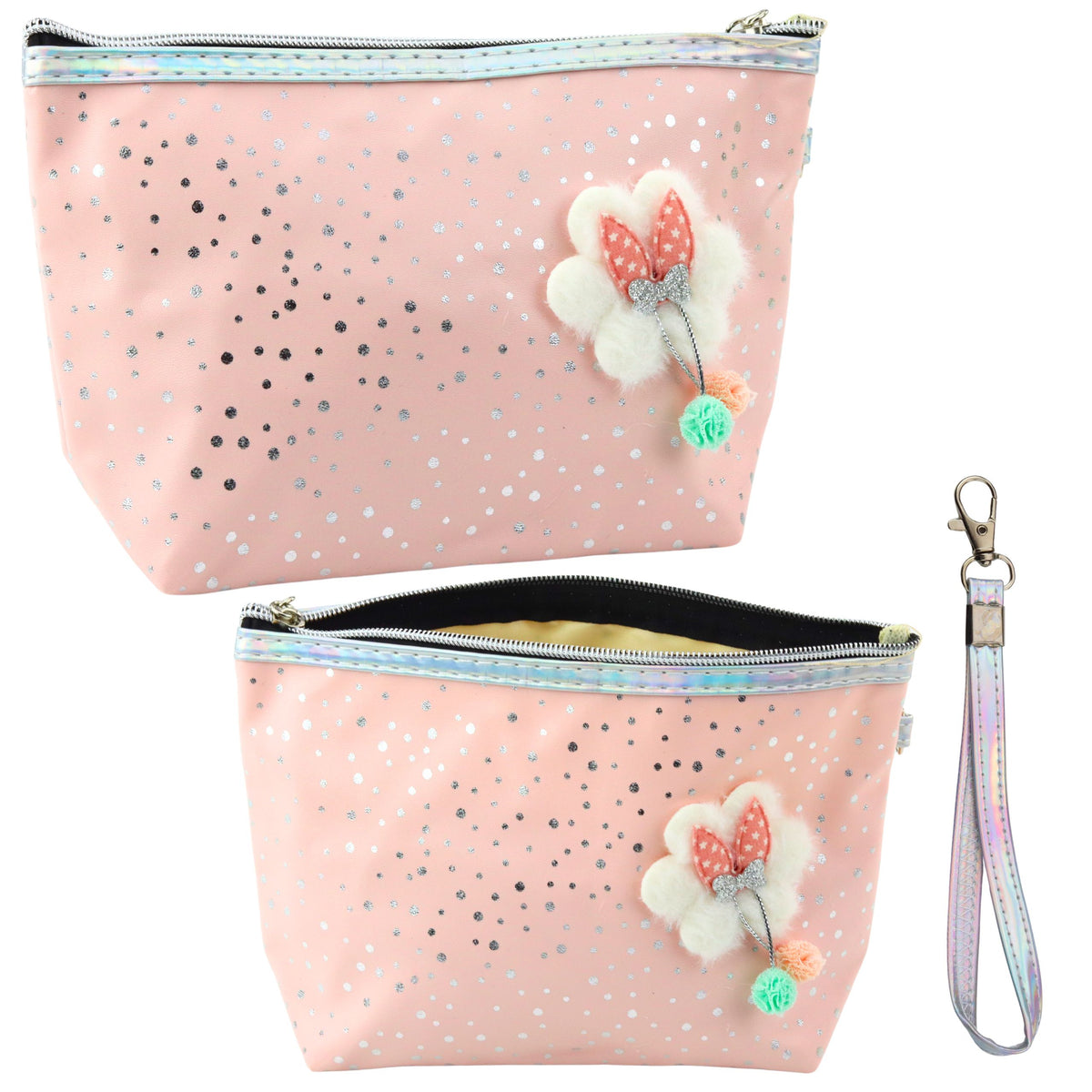 Pencil Case Cosmetic Bag Bow Shiny Dots Powder Pink 23x16cm