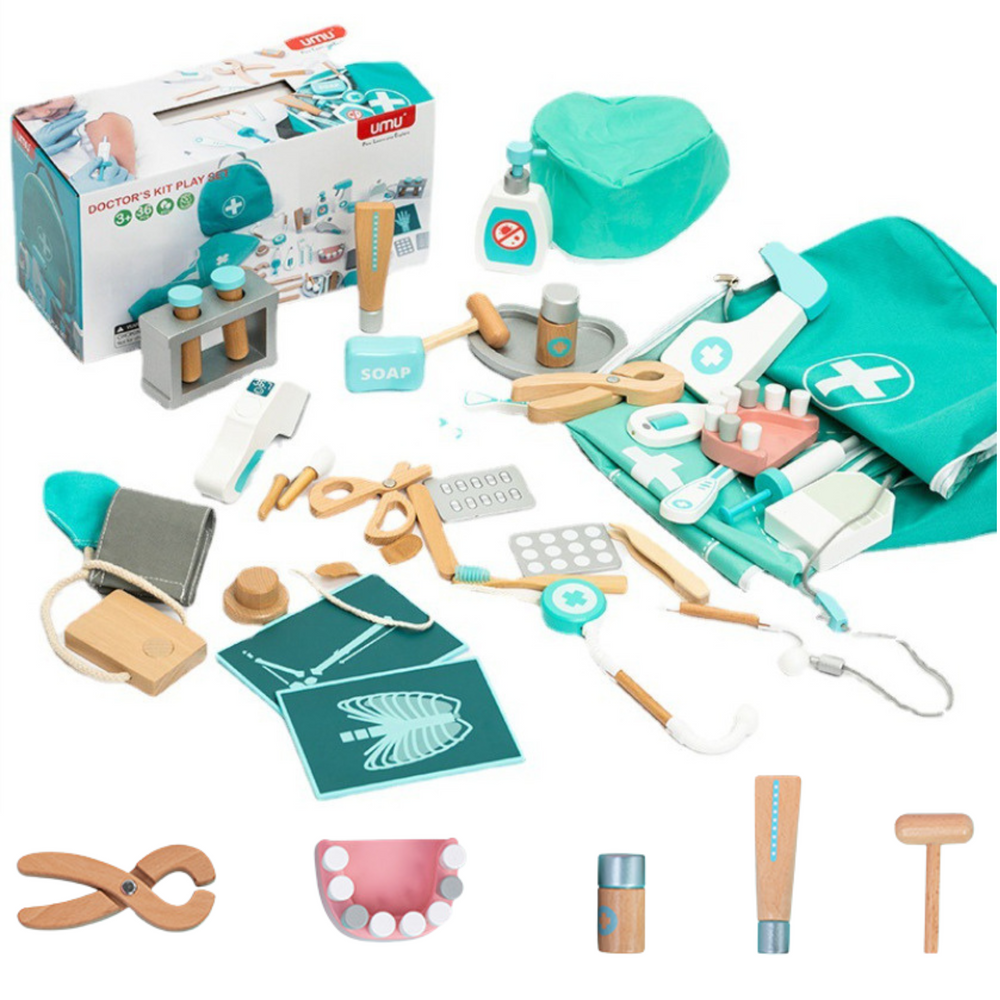 Medical Set Little Doctor Dentist Wooden First Aid Kit Apron 20 Pcs
