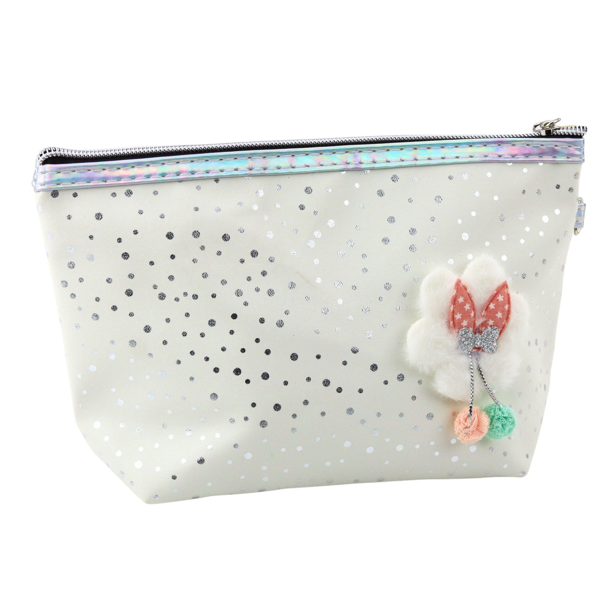 Pencil Case Cosmetic Bag Bow Shiny Dots White 23x16cm