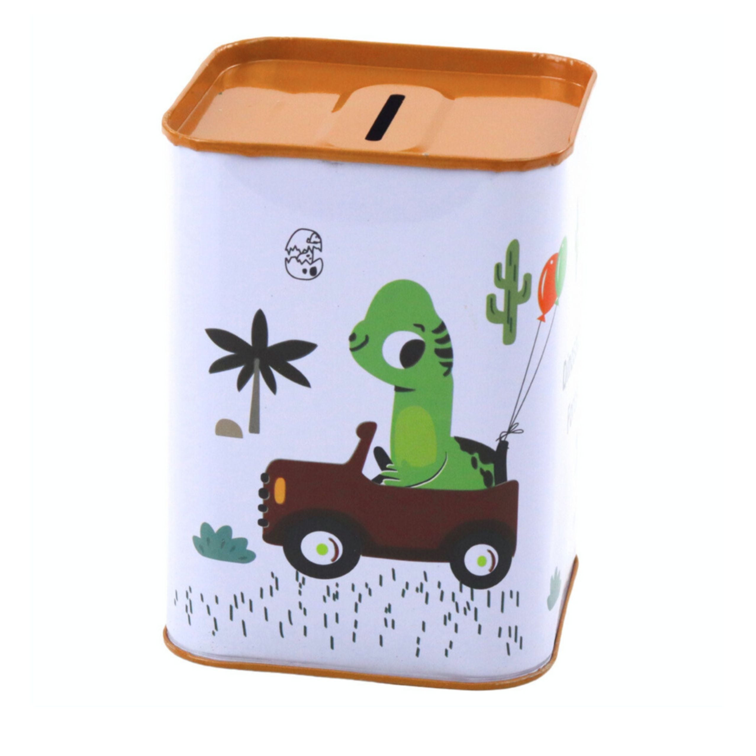 Piggy Bank Dinosaur In The Car Learning To Save Metal 11x8cm