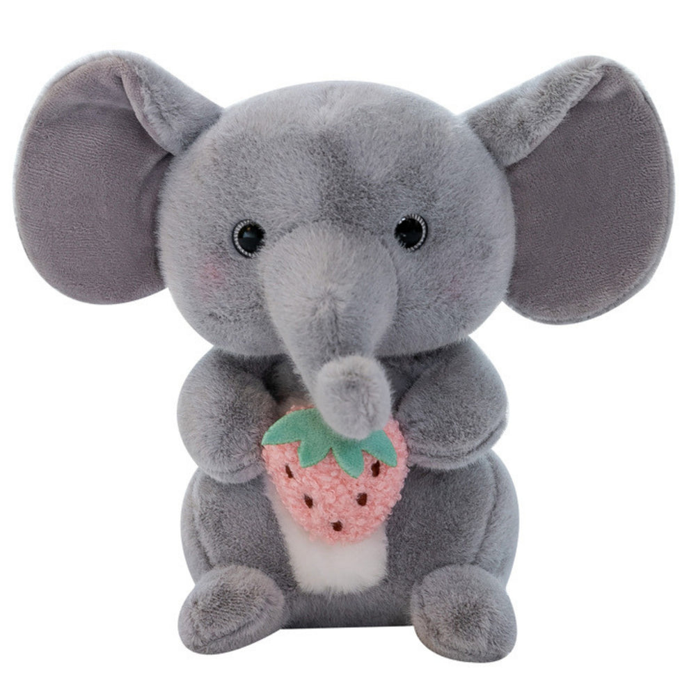 Mascote de pelúcia fofinho elefante com morango cinza 23cm