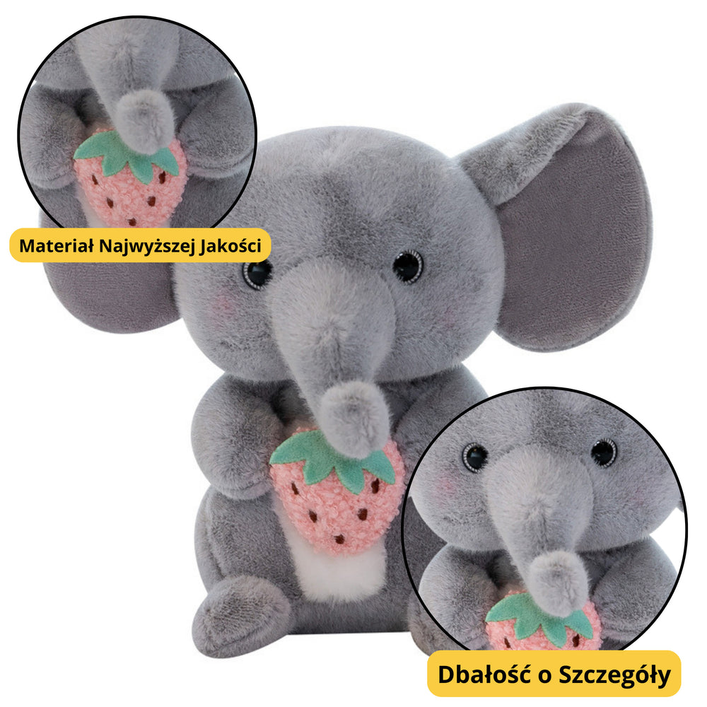Mascote de pelúcia fofinho elefante com morango cinza 23cm