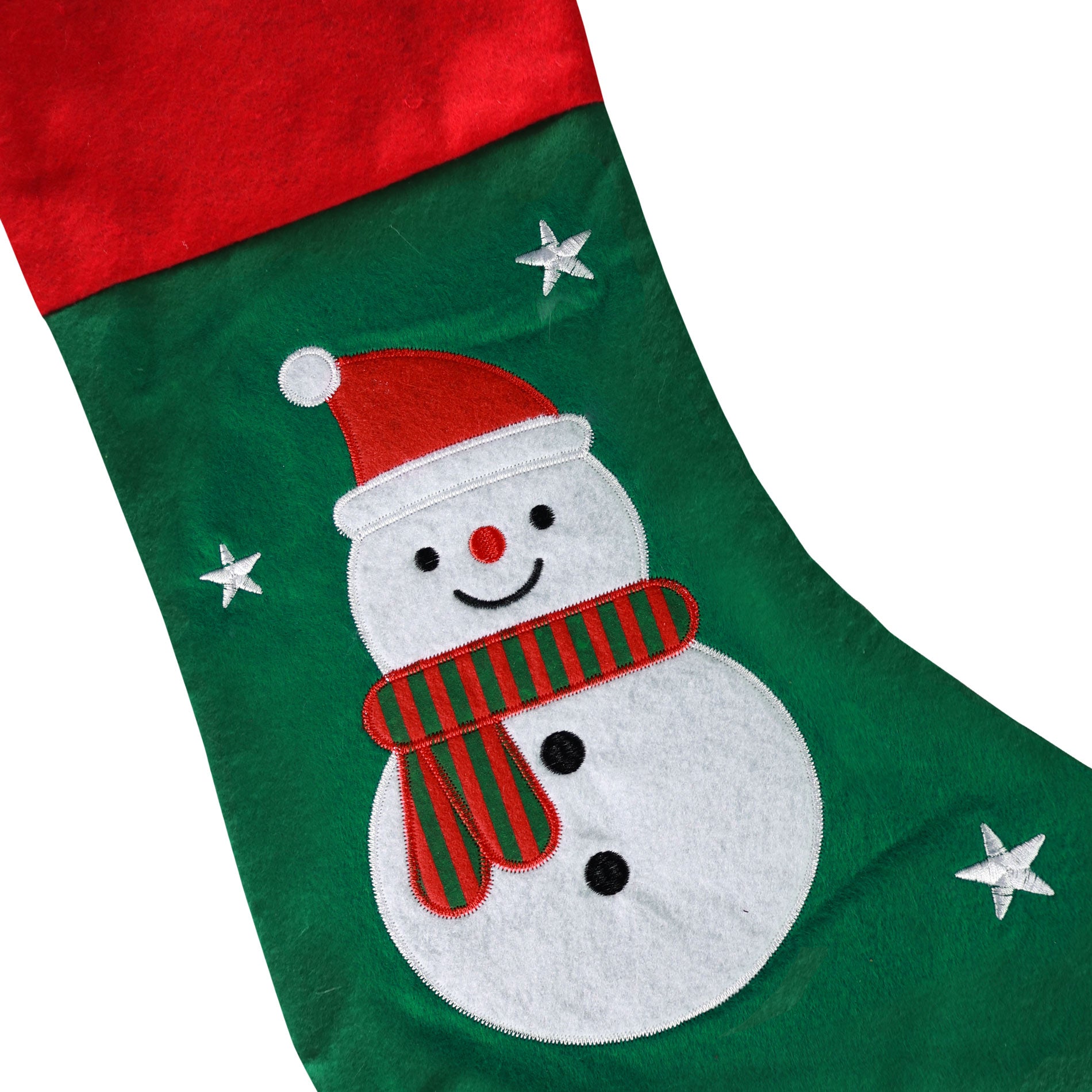 Grüner Weihnachtsstrumpf mit einem Schneemann